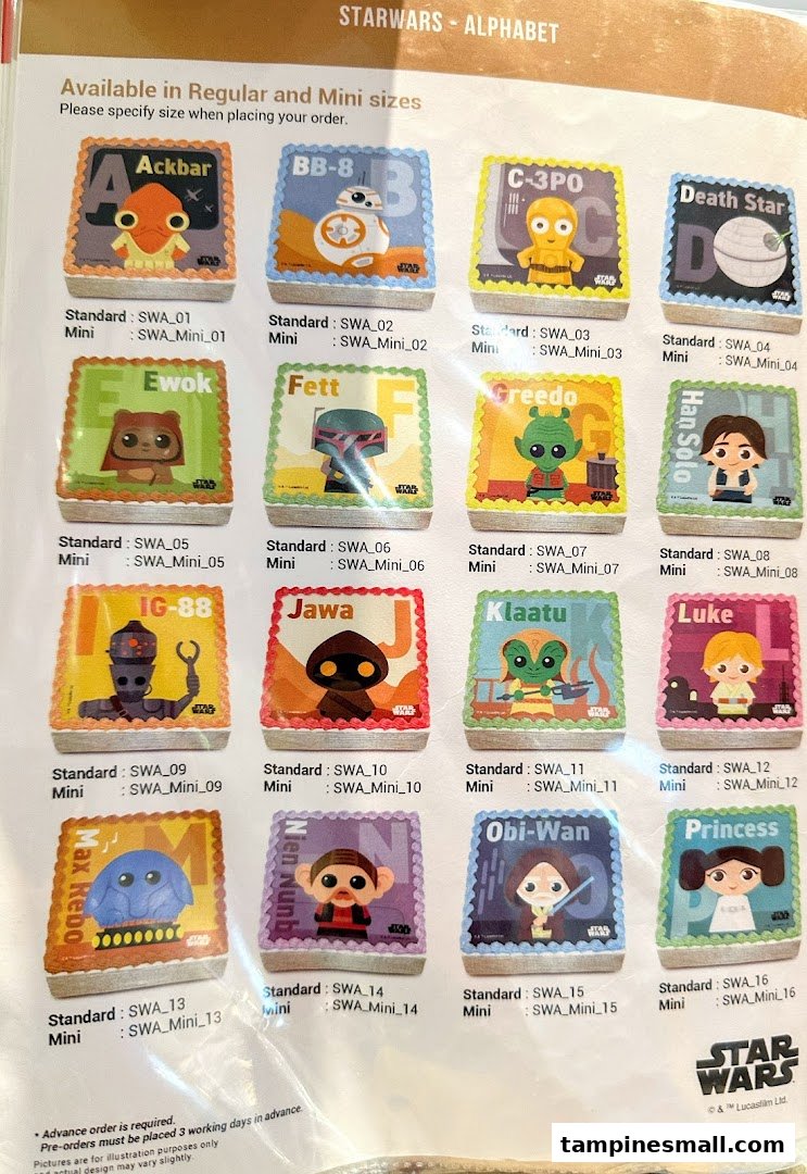 A catalog displaying Star Wars character-themed cakes available in regular and mini sizes.