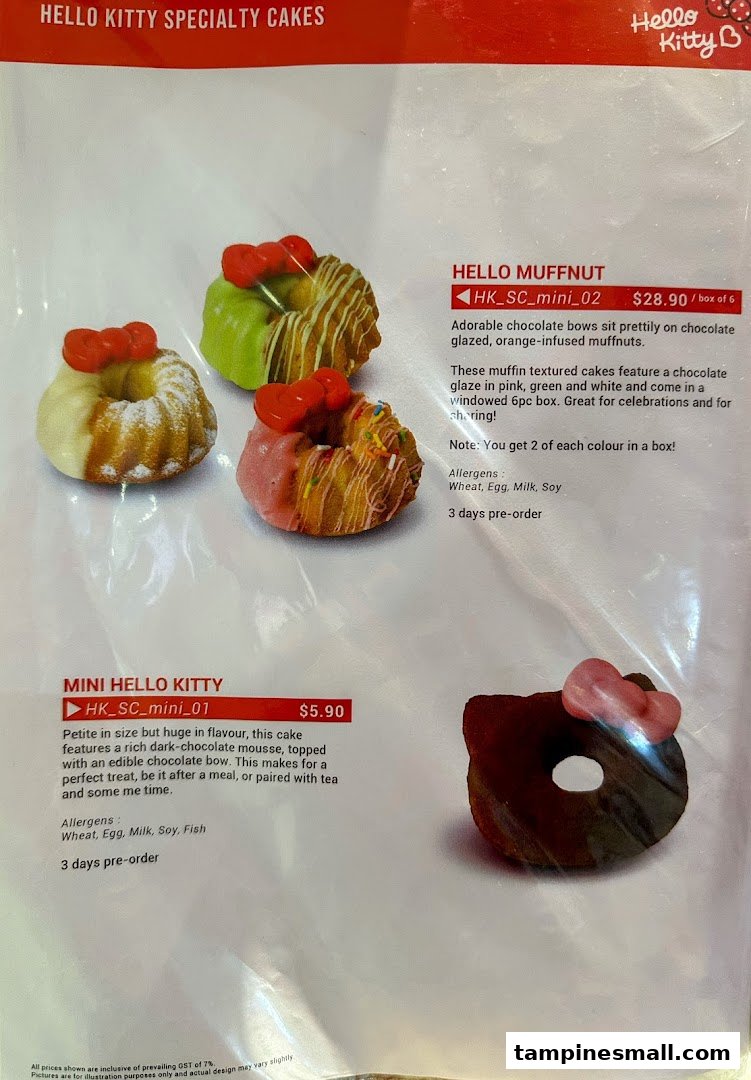 A menu displaying Hello Kitty specialty cakes and muffnuts with prices and descriptions.