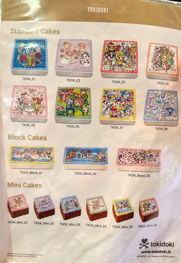 A menu displaying various Tokidoki-themed cakes, categorized into standard, block, and mini sizes.