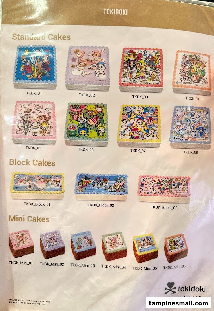 A menu displaying various Tokidoki-themed cakes, categorized into standard, block, and mini sizes.