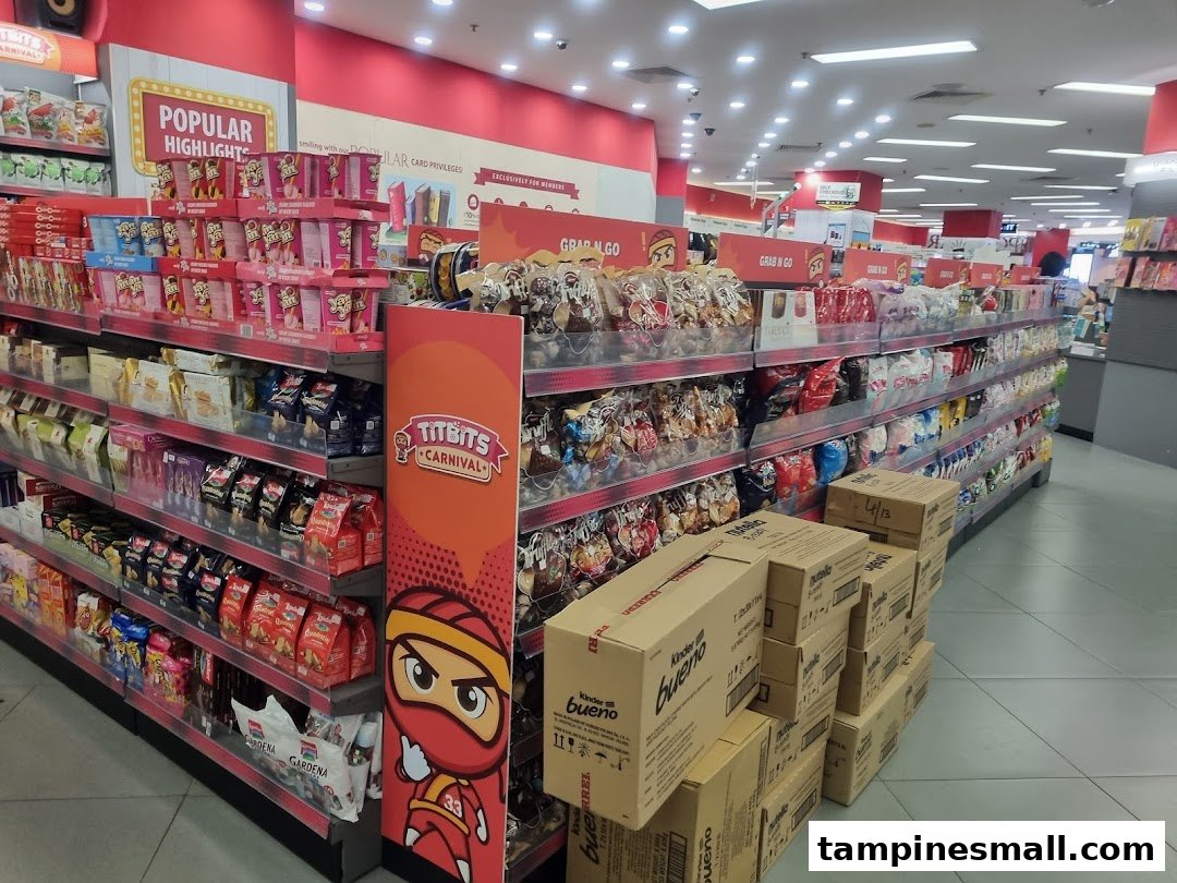 An aisle inside a bookstore featuring a wide selection of packaged snacks and treats.