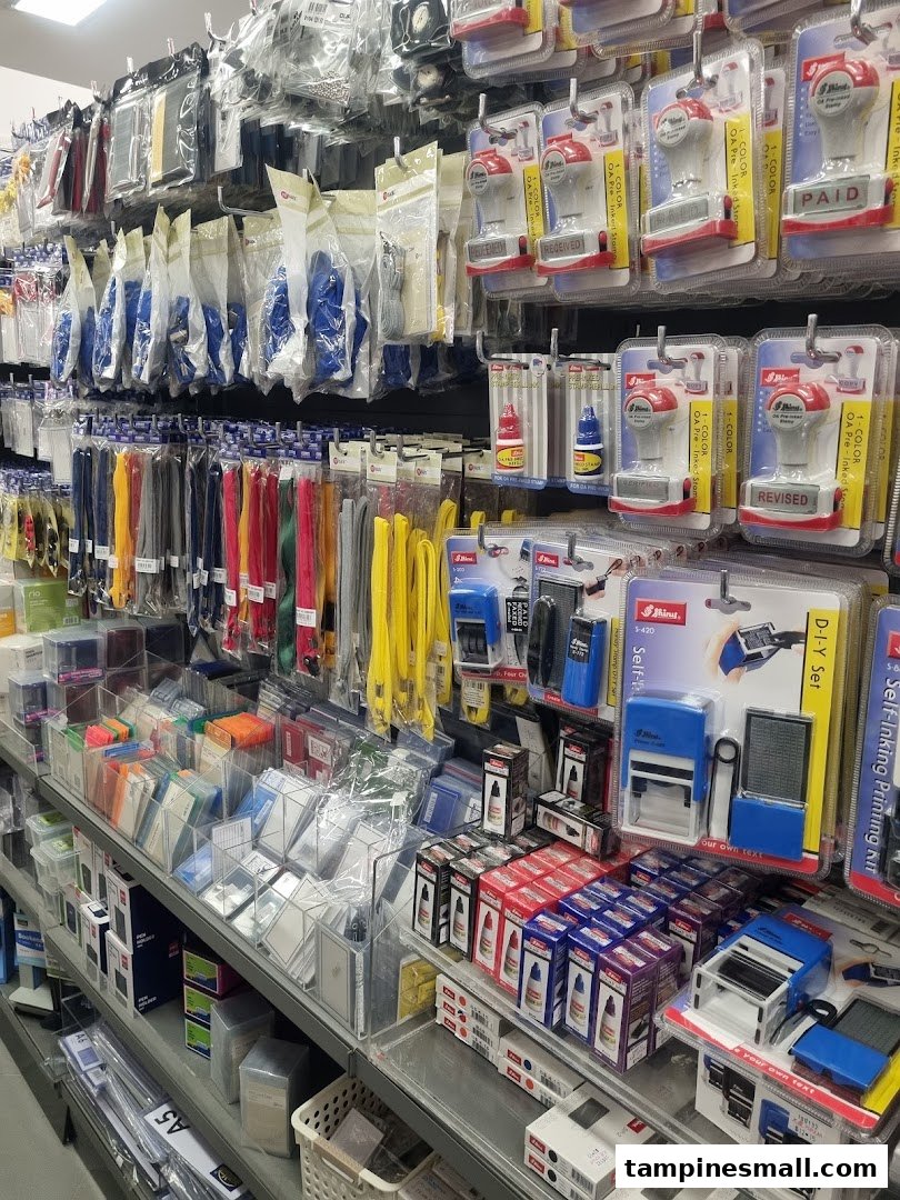 Shelves filled with office supplies like stamps, ink, and lanyards in a bookstore.