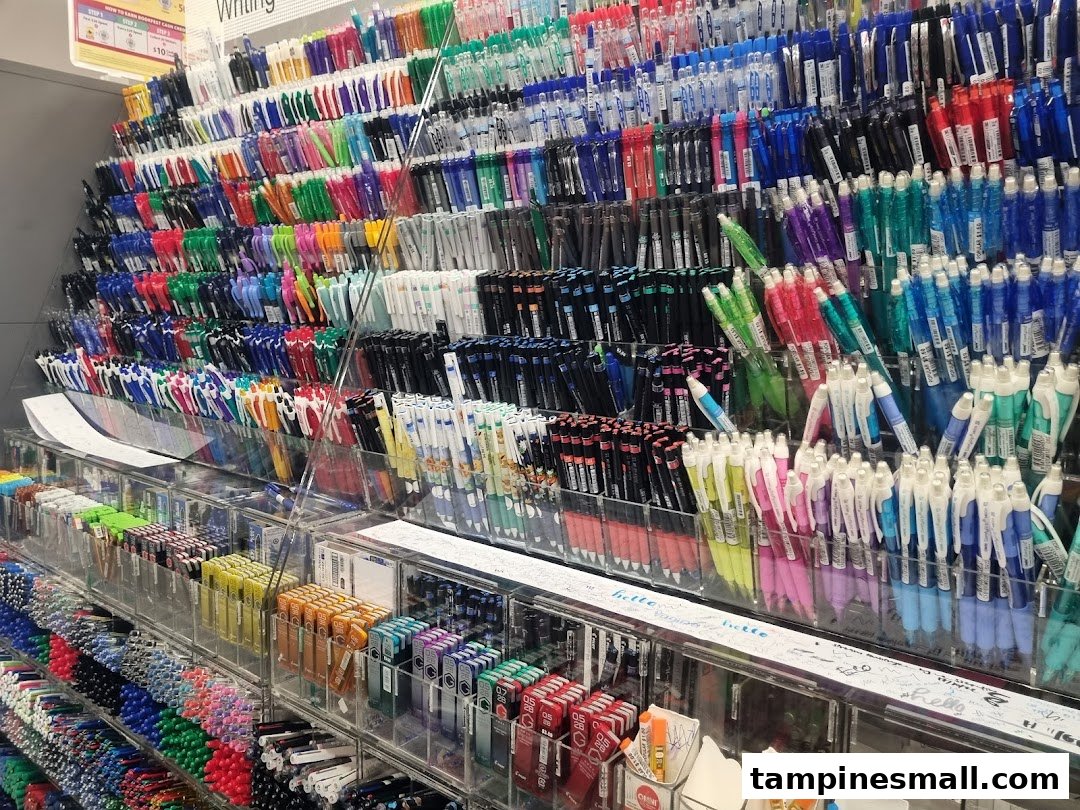 A vibrant display of colorful pens and writing instruments in a bookstore.
