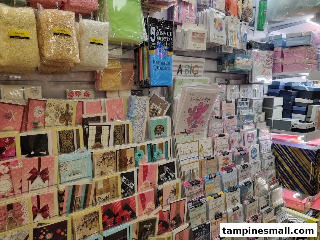 A vibrant display of greeting cards, gift wrap, and party supplies in a retail store.