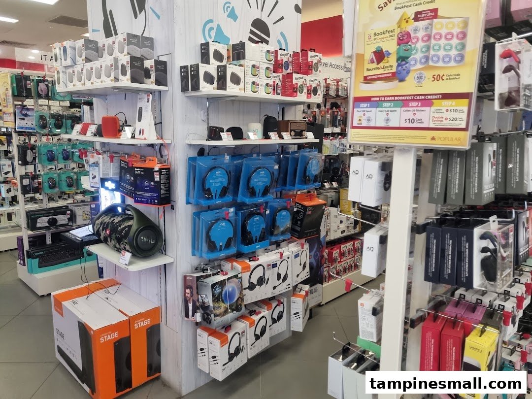 An interior view of POPULAR Bookstore showcasing a wide range of electronics and tech accessories.