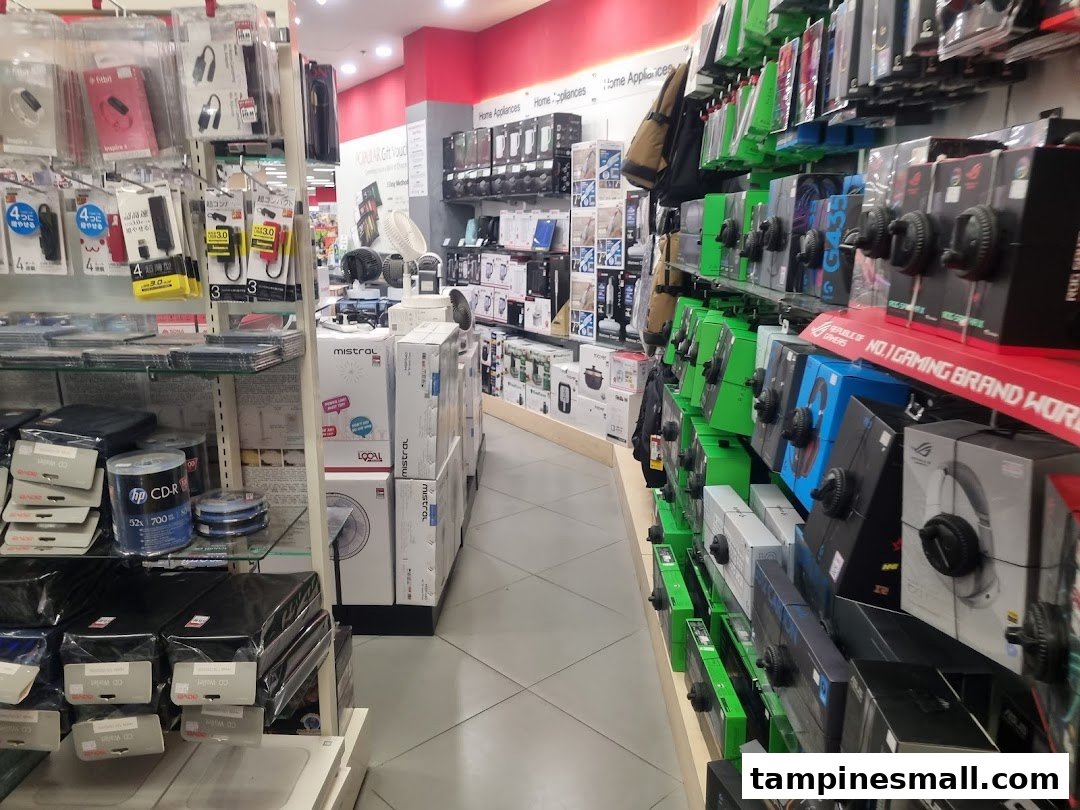 Interior view of a retail store aisle with electronics, home appliances, and computer accessories.