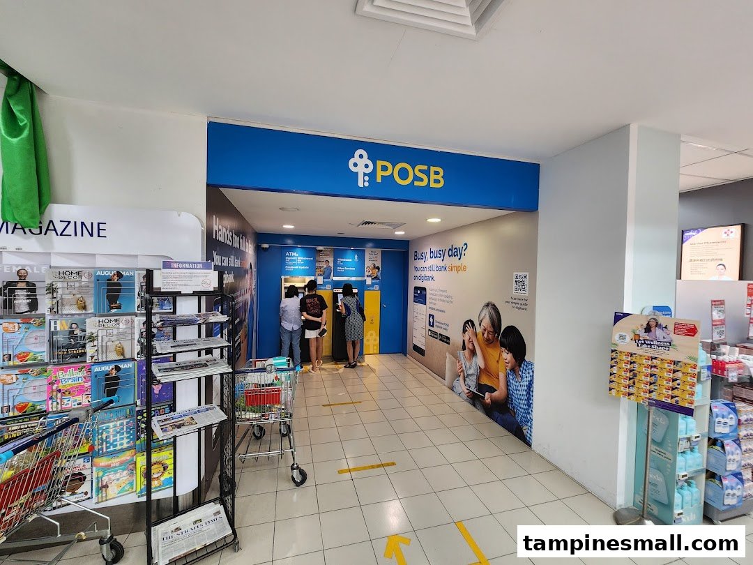 The POSB ATM area at Tampines Mall, featuring multiple machines and customer service information.