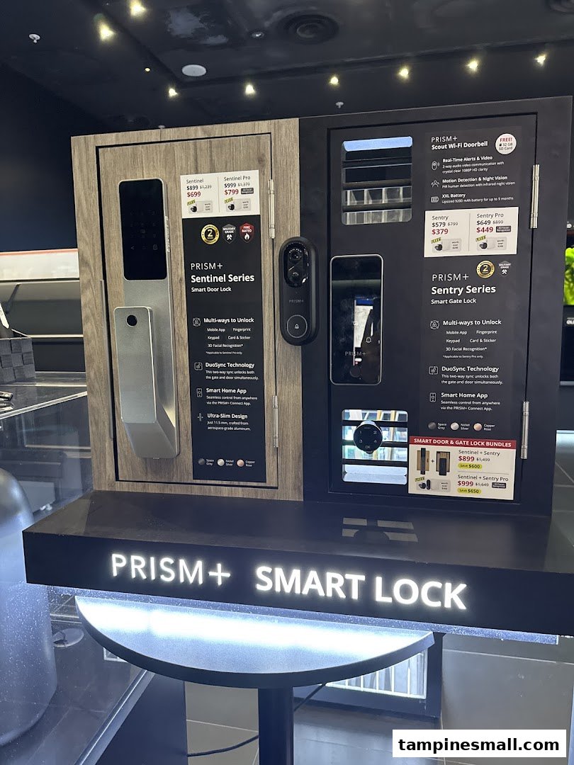 A display showcasing PRISM+ smart door locks, gate locks, and Wi-Fi doorbells with features and pricing.