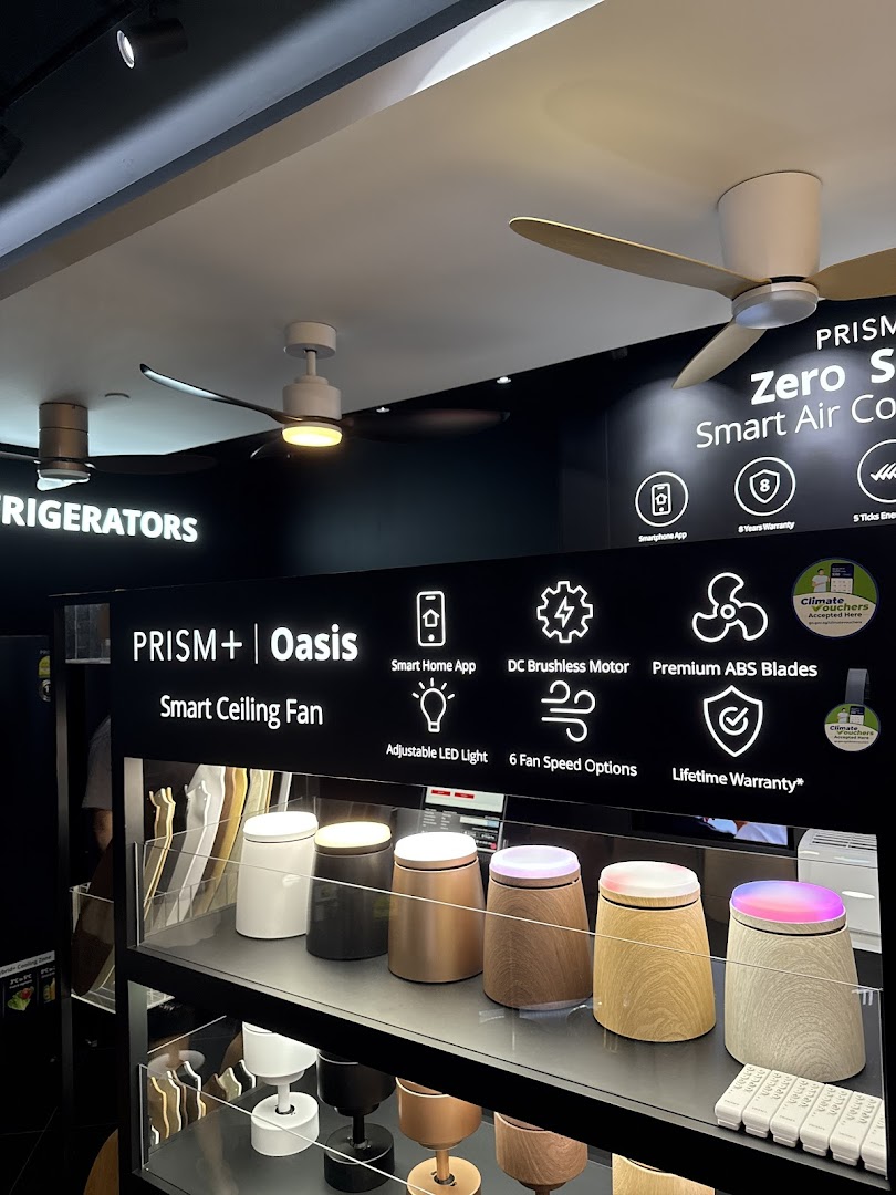 A display of PRISM+ Oasis smart ceiling fans and smart home technology, showcasing features and modern designs.