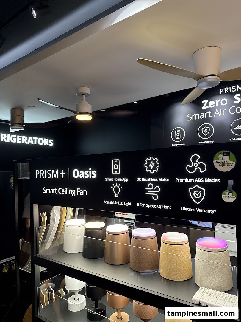 A display of PRISM+ Oasis smart ceiling fans and smart home technology, showcasing features and modern designs.