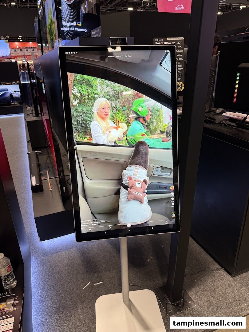 A large vertical display screen showcasing a video, likely a product from PRISM+, in a retail setting.