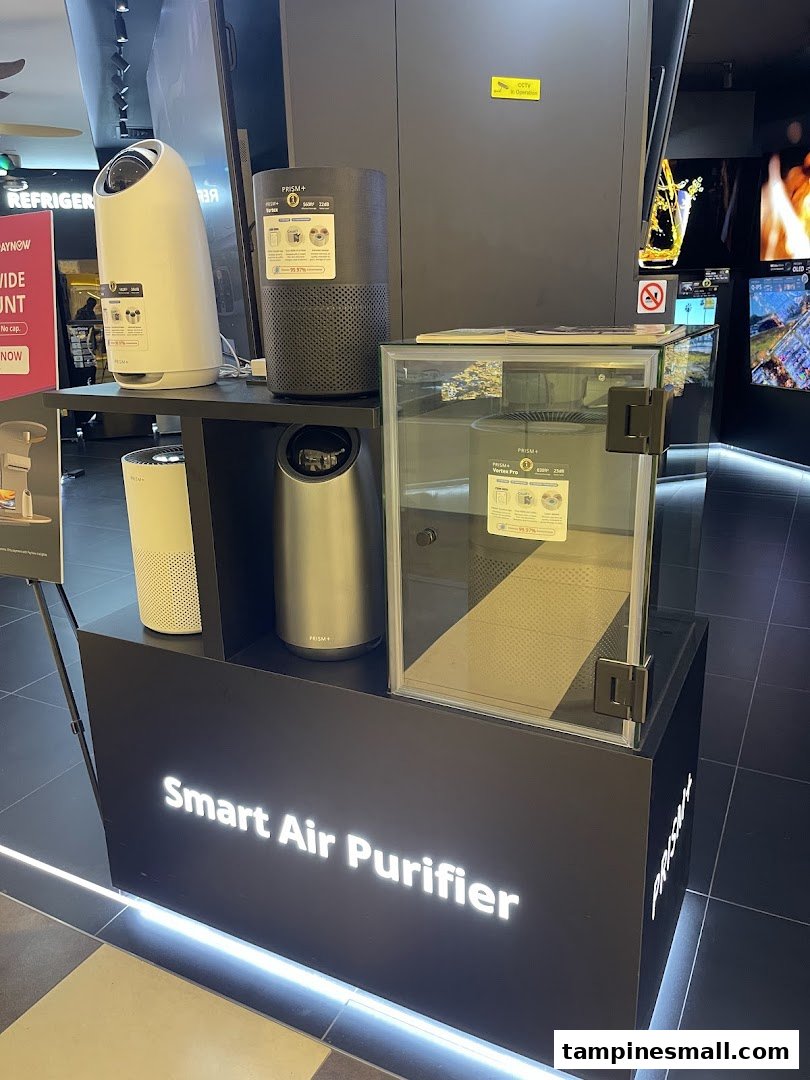A retail display showcasing various models of PRISM+ smart air purifiers.