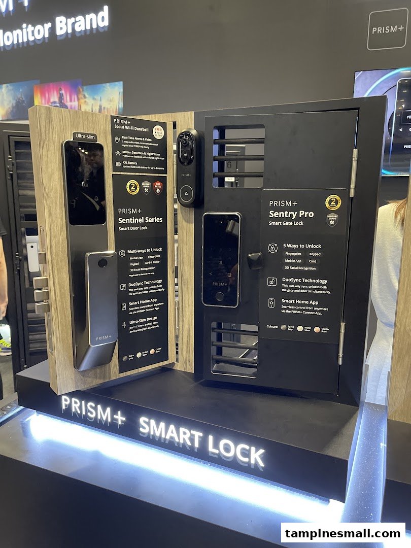 A display showcasing PRISM+ smart door locks, gate locks, and Wi-Fi doorbells with key features.