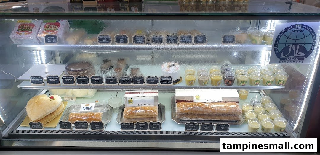 A display case showcasing various pastries, cakes, and desserts at Ritz Apple Strudel.