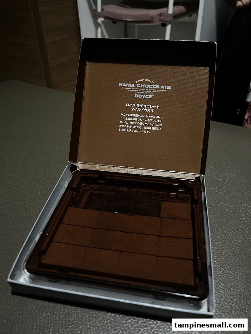 An open box of Royce Nama Chocolate, revealing rich, dark chocolate pieces inside.