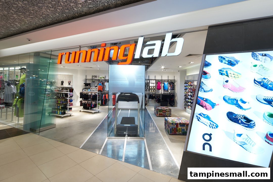 The storefront of Running Lab, showcasing running apparel, footwear, and a treadmill for gait analysis.