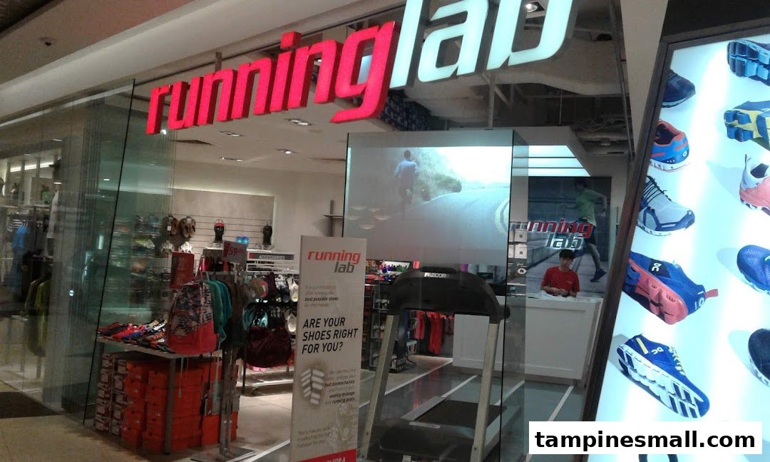 The storefront of Running Lab, showcasing its illuminated signage, display shoes, and a treadmill for gait analysis.