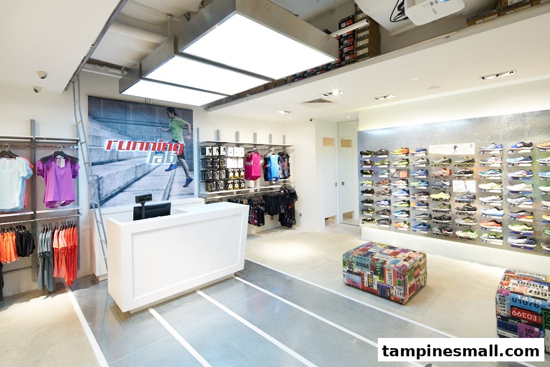 Interior view of Running Lab Tampines, showcasing running shoes, apparel, and a service counter.