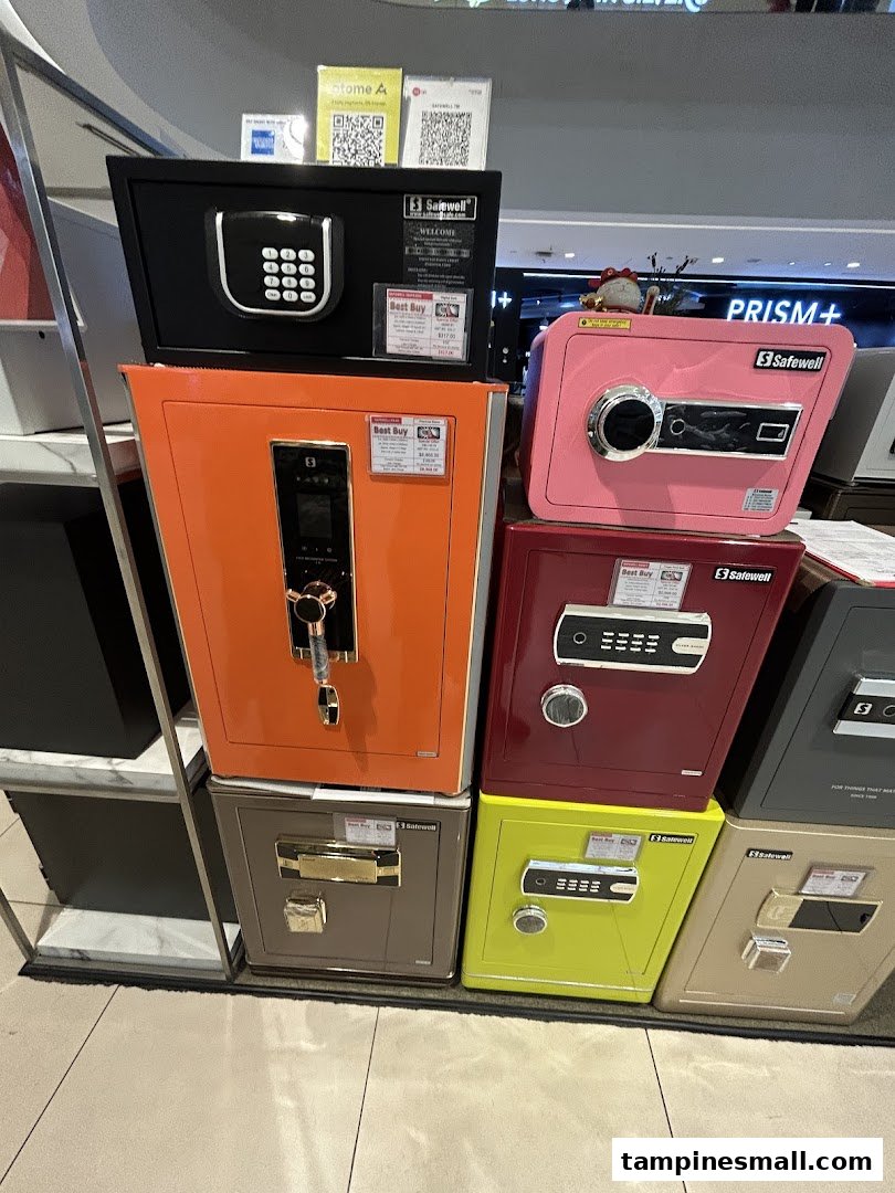 A vibrant display of Safewell security safes in various colors and sizes.