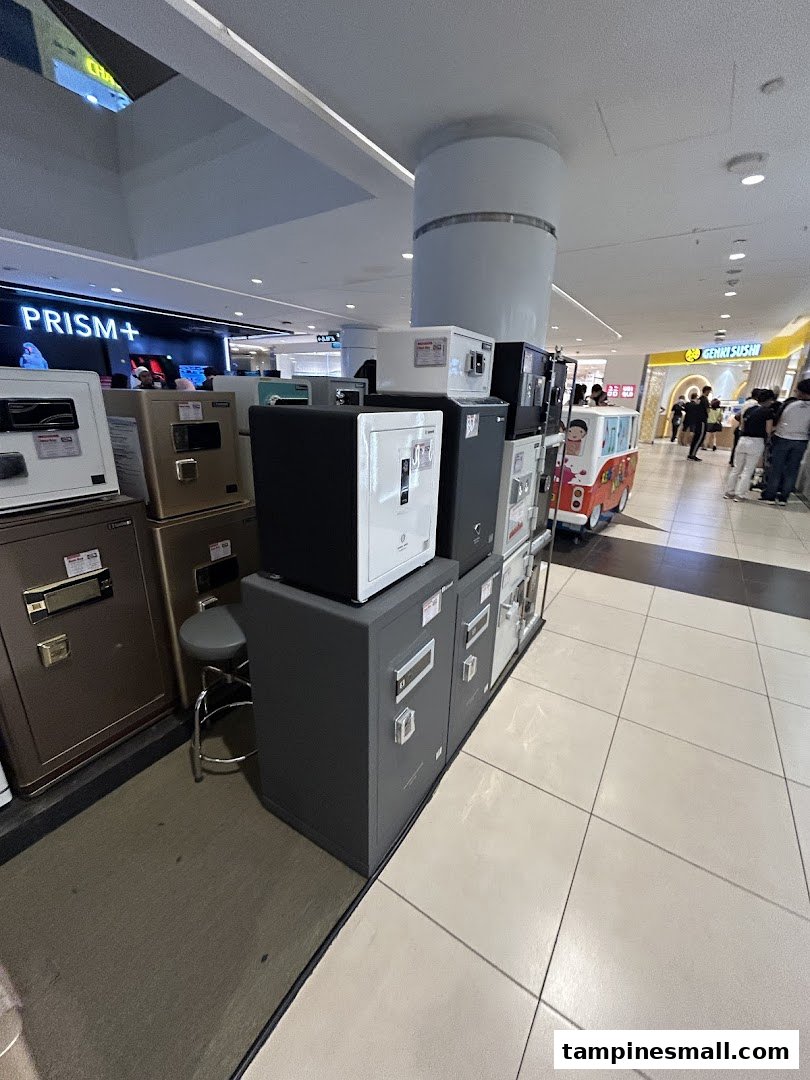 A display of various safes and security boxes inside the Safewell store.