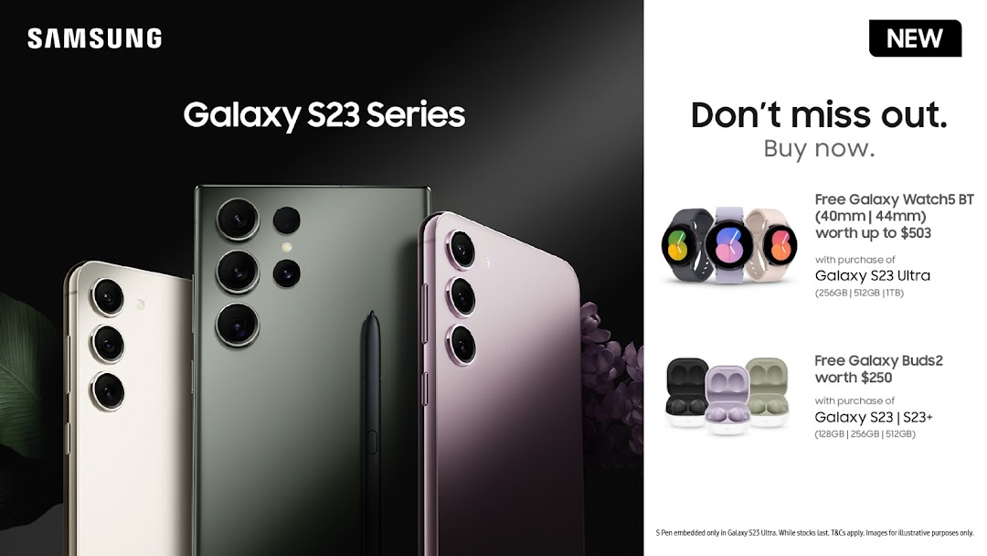 Image showcasing Samsung Galaxy S23 series phones with promotional offers for smartwatches and earbuds.
