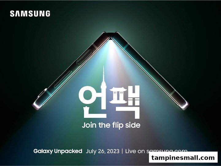 A promotional image for Samsung Galaxy Unpacked, featuring a foldable phone and event details.