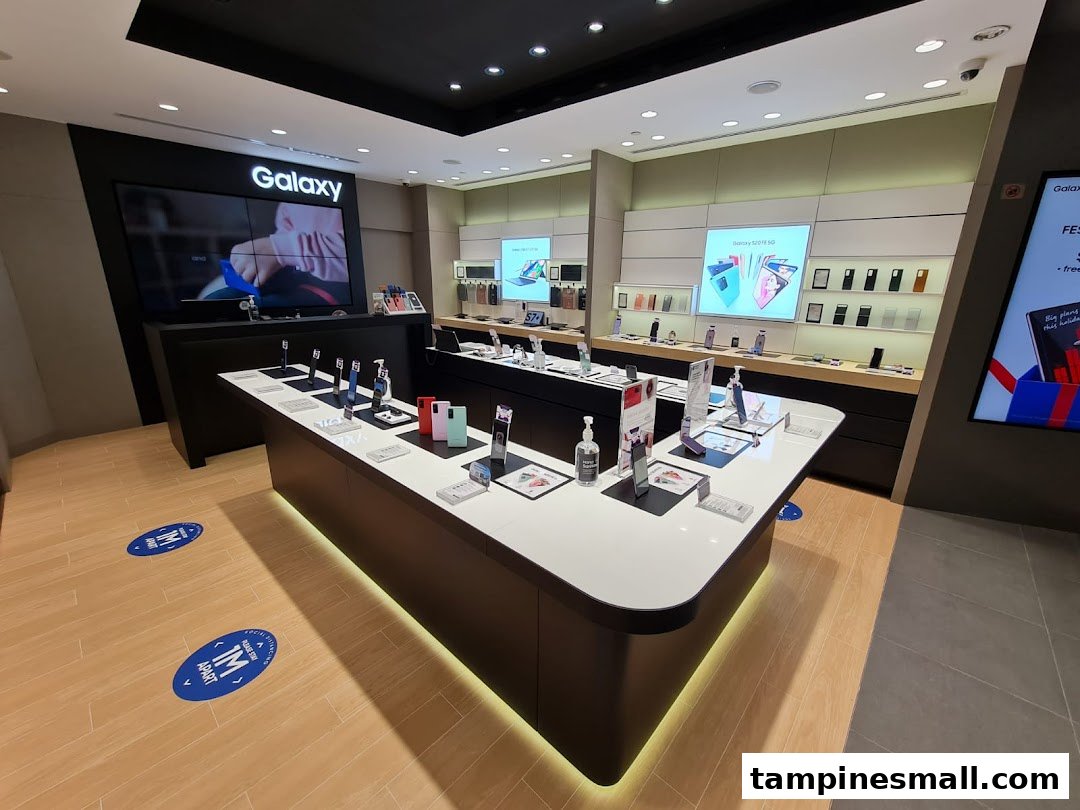 Interior view of a modern Samsung Experience Store showcasing Galaxy phones, accessories, and interactive displays.