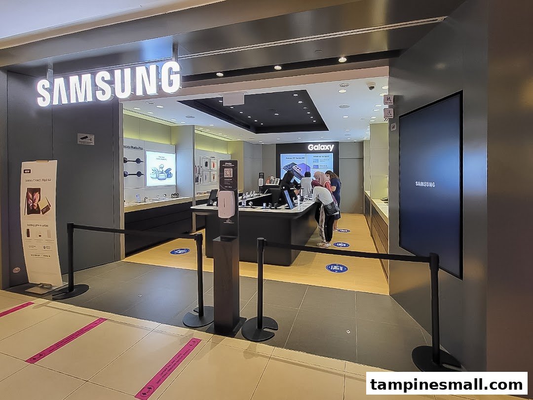 The entrance of a Samsung Experience Store, featuring its illuminated logo, interactive displays, and customers browsing devices.