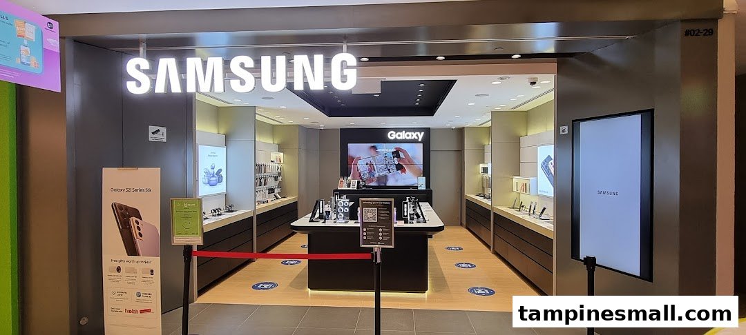 The inviting entrance of a Samsung Experience Store, showcasing modern electronics displays.