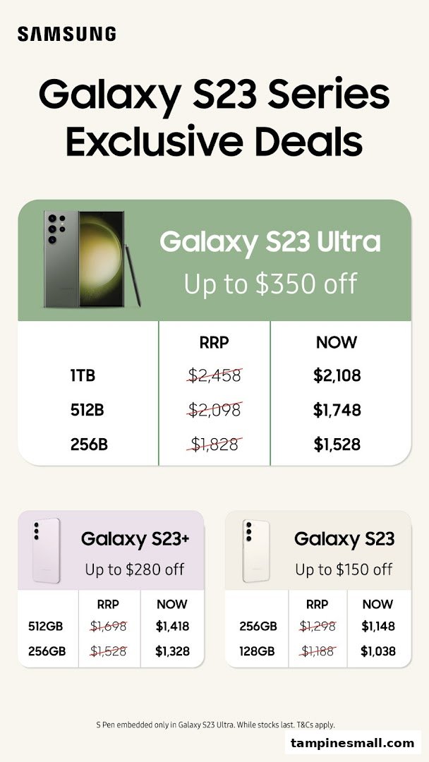 A promotional image displaying exclusive deals and prices for Samsung Galaxy S23 series phones.