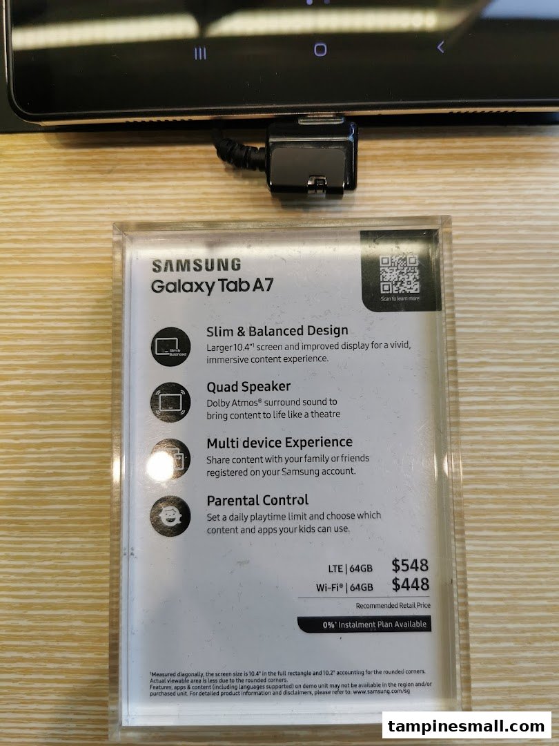 A close-up of a Samsung Galaxy Tab A7 display card showing features and prices.