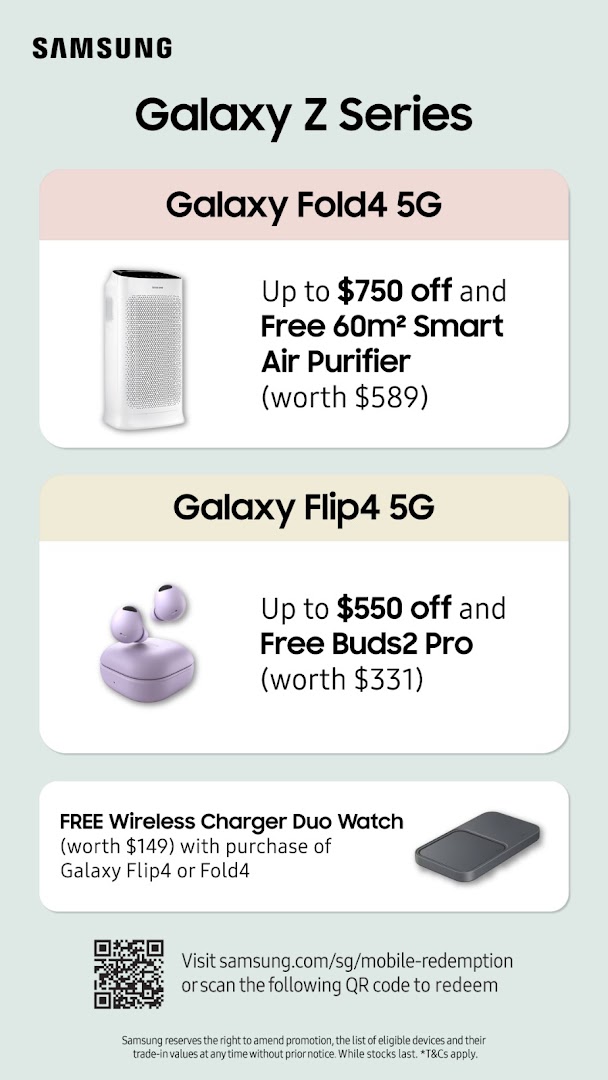 A promotional image showcasing Samsung Galaxy Z Series offers and free gifts.