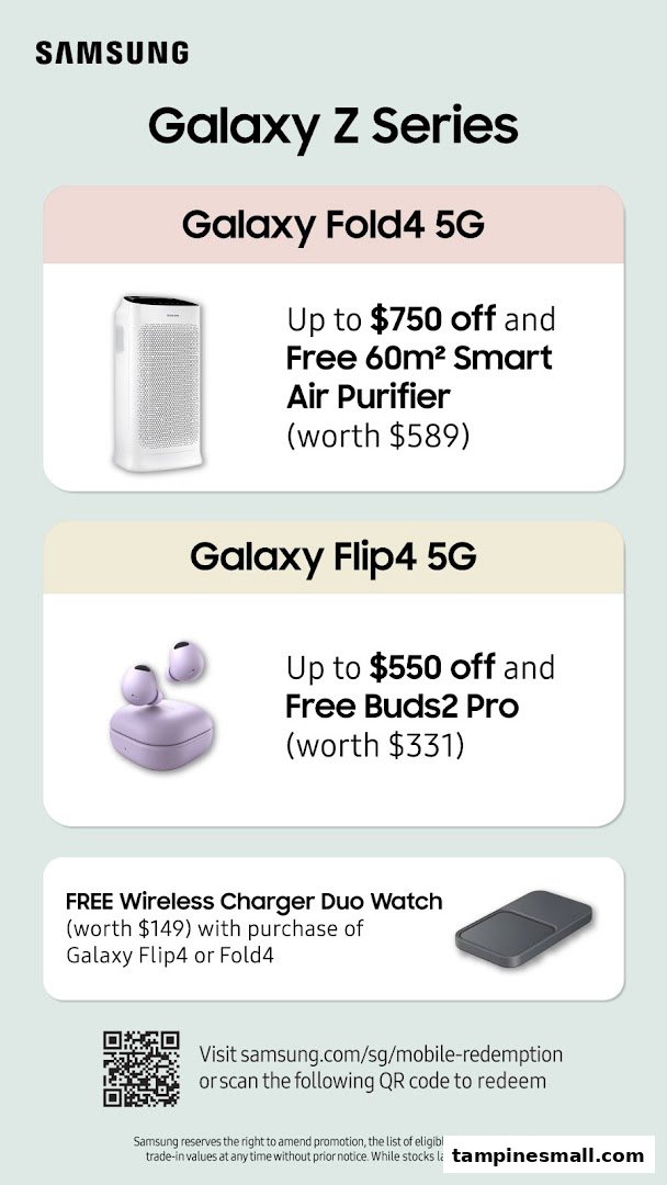 A promotional image showcasing Samsung Galaxy Z Series offers and free gifts.