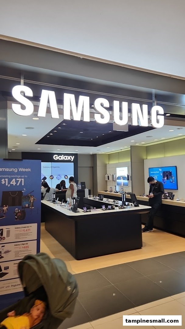 The entrance of a Samsung Experience Store showcasing various tech products and displays.