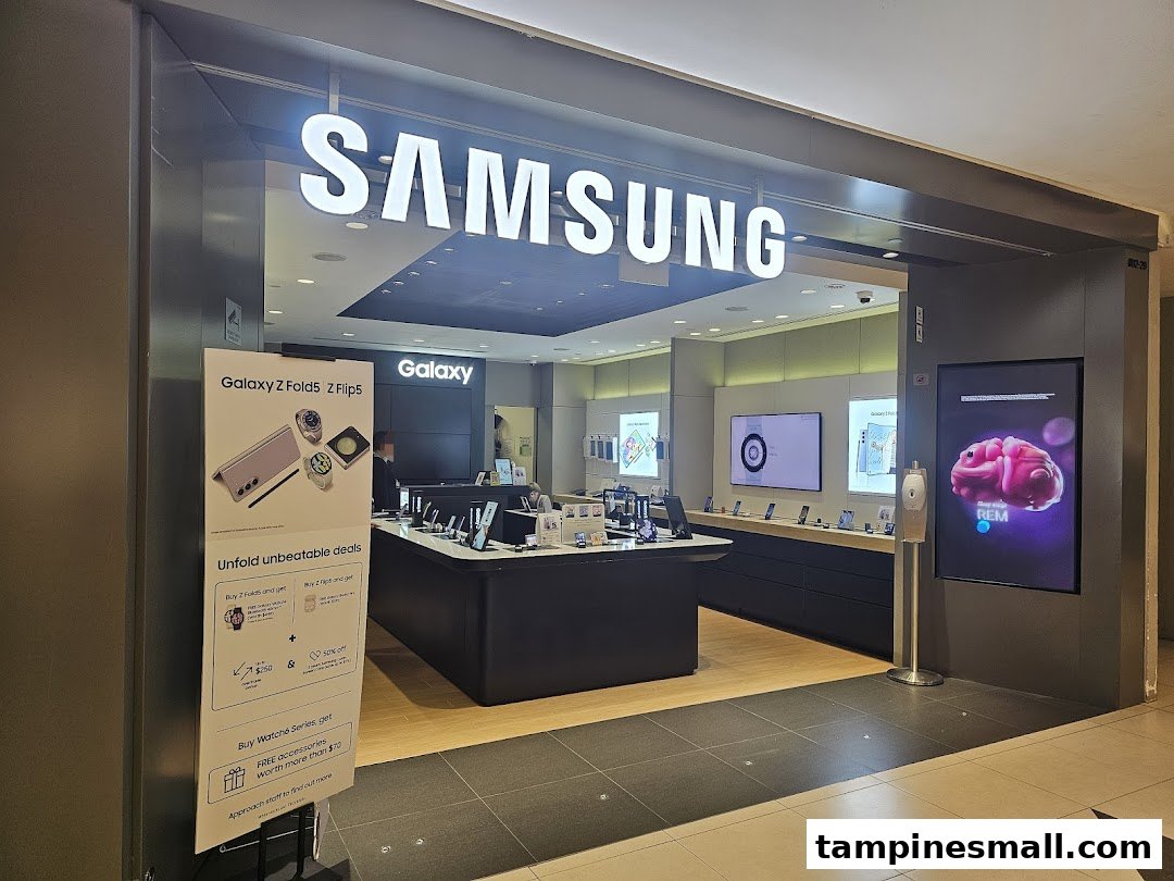 The brightly lit entrance of a Samsung Experience Store showcasing the latest Galaxy devices and promotions.