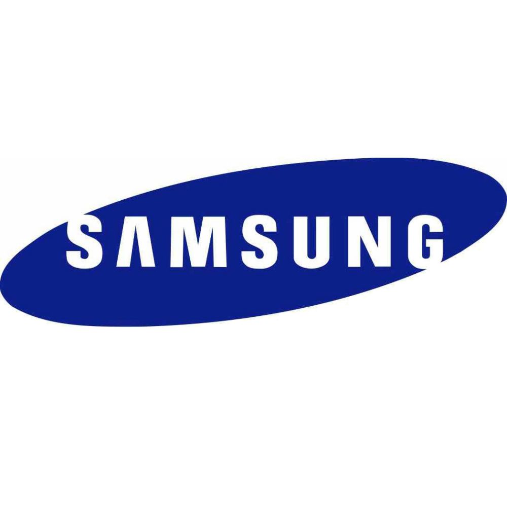 The image displays the iconic blue oval Samsung logo with white lettering.