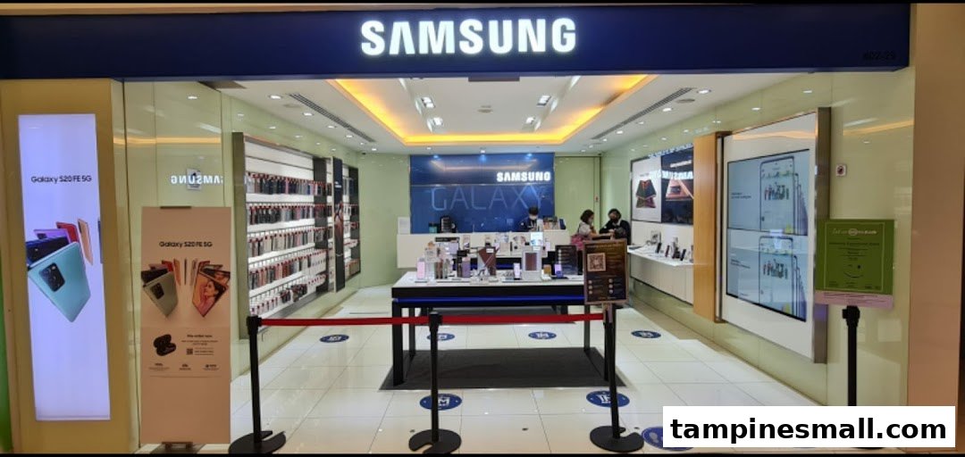 The storefront of a Samsung Experience Store showcasing mobile devices and accessories.
