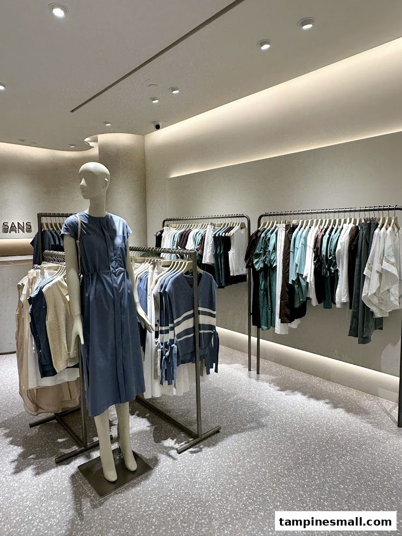 Interior view of SANS SANS clothing store featuring a mannequin and racks of apparel.