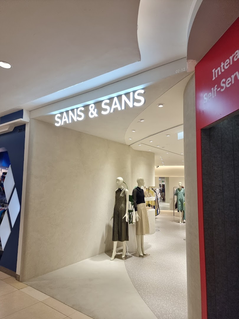 The entrance of SANS & SANS fashion boutique, featuring stylish mannequins and inviting interior.