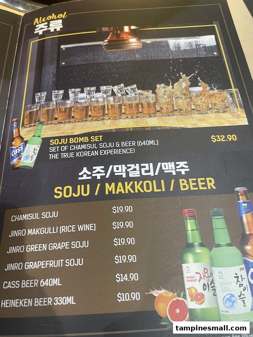 A menu page from Seorae Jib featuring a selection of Korean alcoholic beverages like Soju, Makgeolli, and Beer.