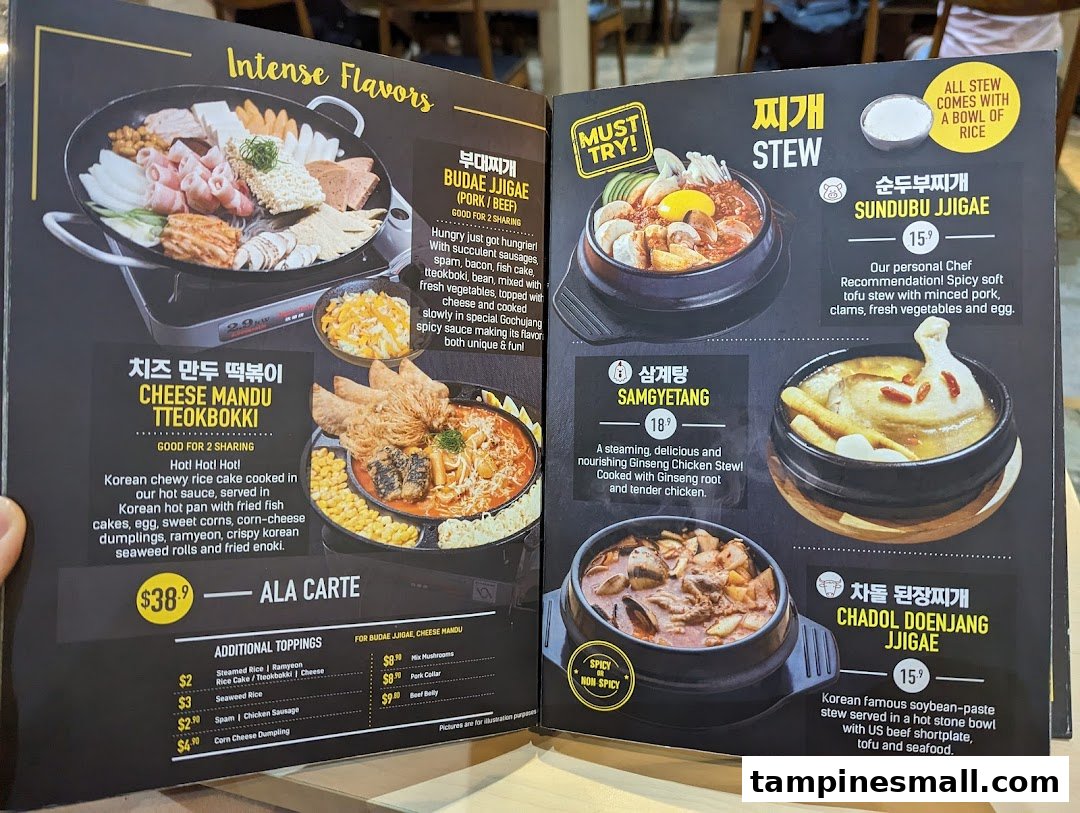 A detailed menu from Seorae Jib showcasing various Korean stews, hot pots, and additional toppings.
