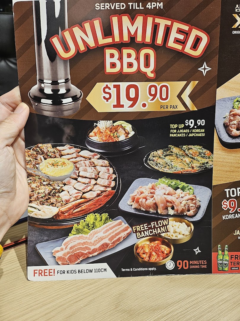 A promotional menu page for unlimited Korean BBQ, featuring various meats, side dishes, and pricing.