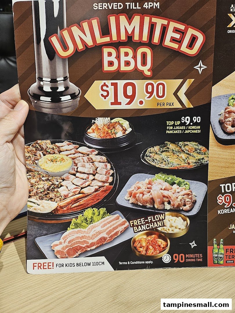 A promotional menu page for unlimited Korean BBQ, featuring various meats, side dishes, and pricing.
