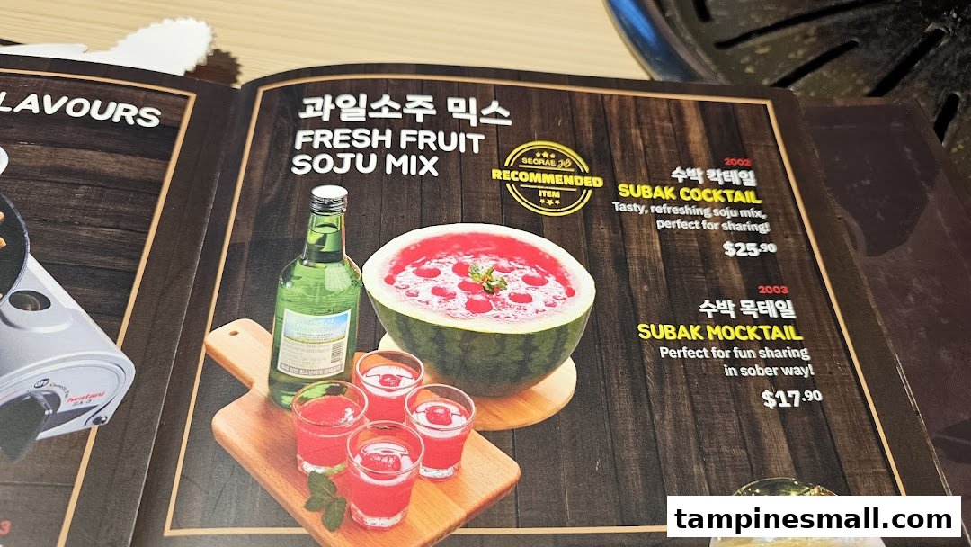 A menu page featuring refreshing watermelon soju cocktails and mocktails from Seorae Jib.