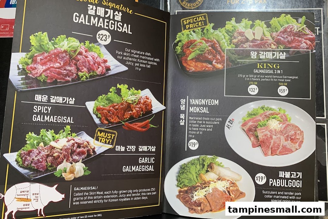 A detailed menu displaying various Korean BBQ pork cuts and marinated dishes with prices and descriptions.