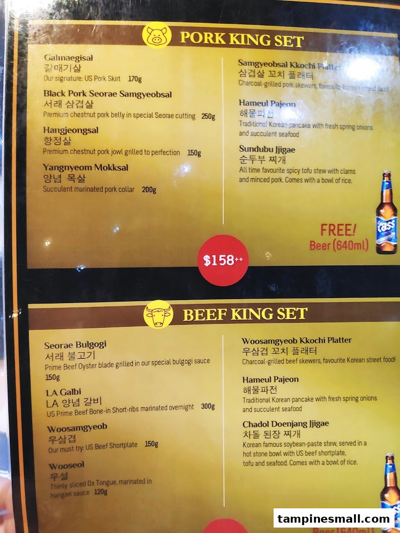 A detailed menu board showcasing Korean BBQ 'King Sets' with various pork and beef options.