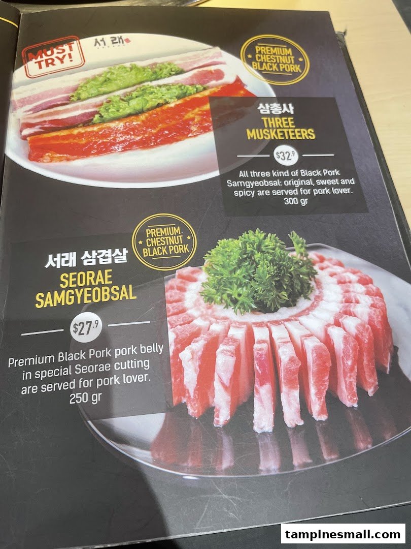A menu page from Seorae Jib showcasing premium black pork samgyeopsal dishes with prices.