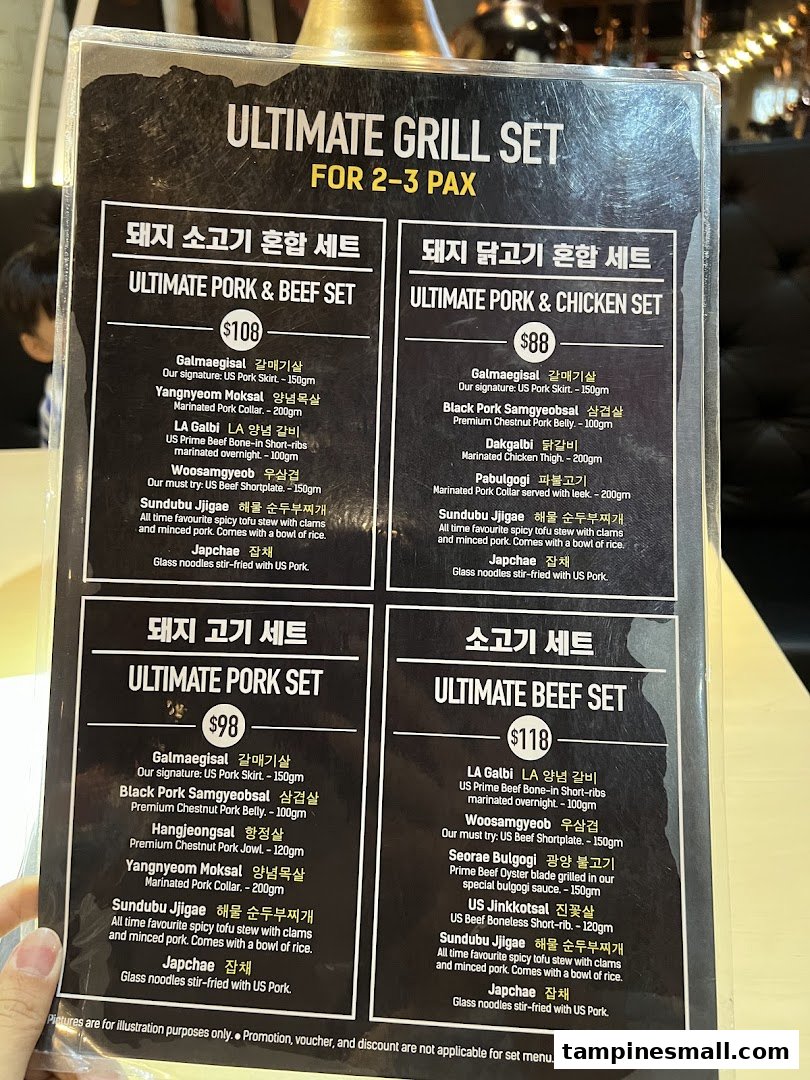 A detailed menu displaying various Korean BBQ grill sets for 2-3 people, including pork, beef, and chicken options.