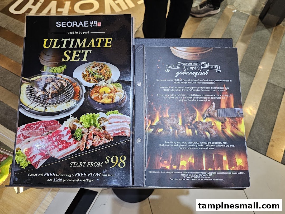 Two menu pages from Seorae Jib, showcasing Korean BBQ sets and specialty pork cuts.