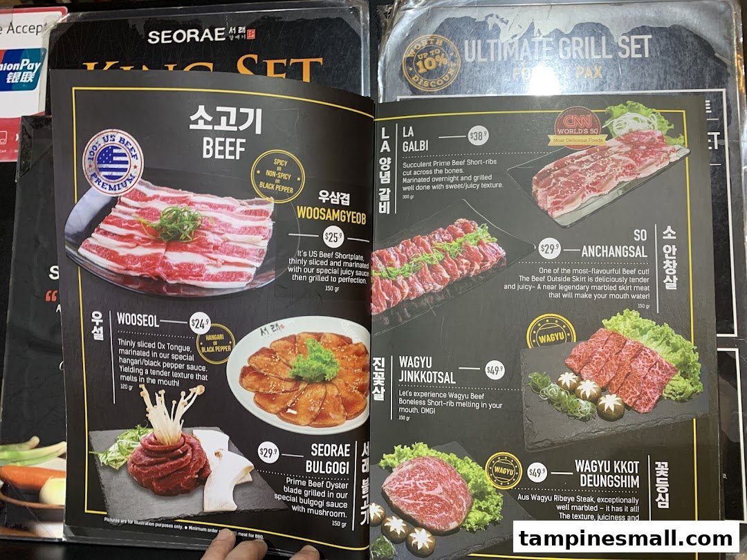 A detailed menu page from Seorae Jib, showcasing various premium beef and Wagyu cuts for grilling.